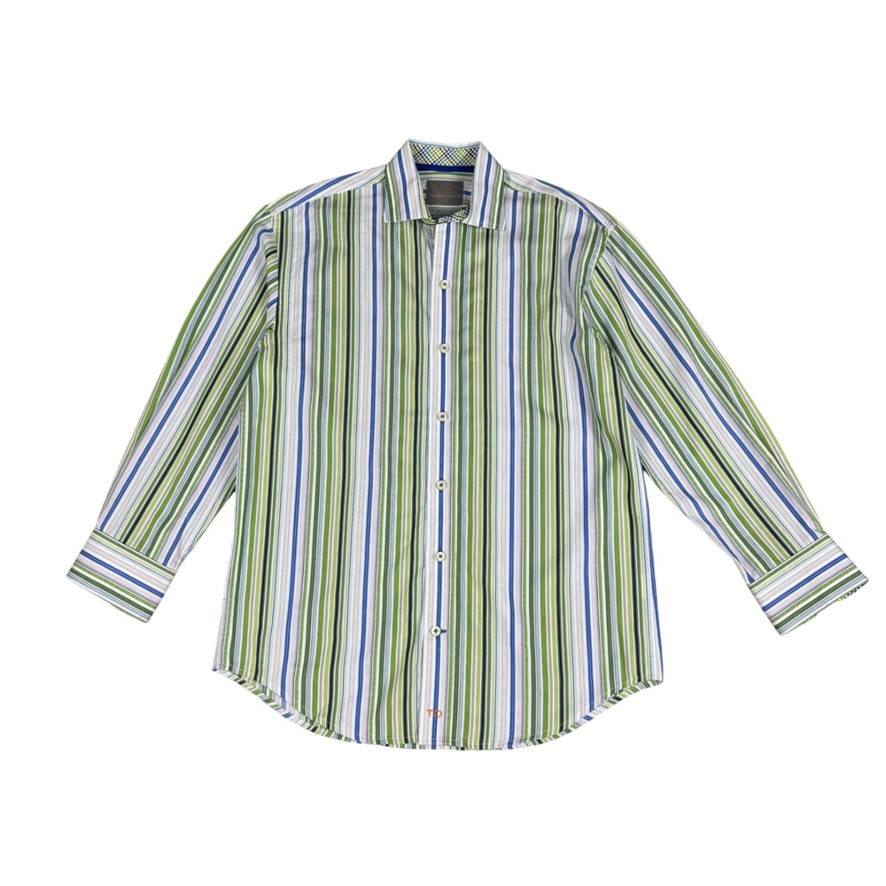 Thomas Dean Boys Green Multi Stripe Pima Cotton Button Down Shirt Size S 8